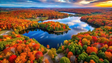 Autumnal Serenity An Aerial View of a Serene Lake Surrounded by Vibrant Fall Foliage, Reflecting the Sunset's Golden Hues