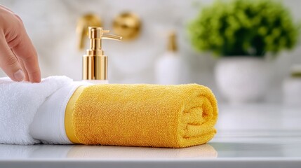 Close-up of a hand adjusting a neatly rolled yellow towel beside a golden soap dispenser in a bathroom