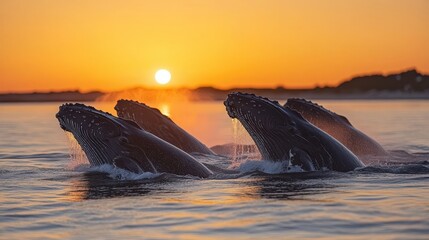 Fototapeta premium Group of Humpback Whales Breaching at Sunrise, Captivating Moment Showcasing the Majesty of Marine Life Against a Stunning Golden Horizon