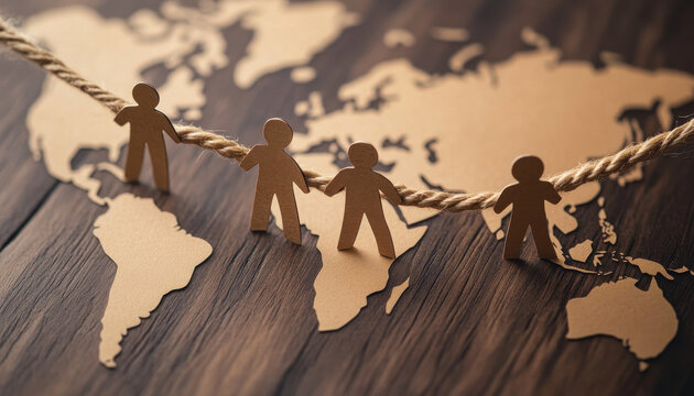 Connecting people through cutout maps symbolizes unity and collaboration. This creative design showcases world map with paper figures holding hands, representing global connections