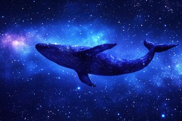 Whale in a starry night sky, cosmic wonder, majestic creature swimming among the stars.