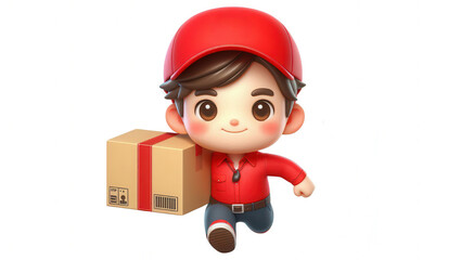 Delivery person carrying package urban setting cartoon style cheerful environment dynamic view