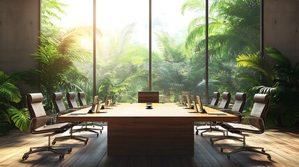 Fototapeta premium Serene Tropical Boardroom: A Modern Meeting Space with Lush Jungle Views