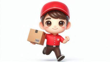 Delivery person running with package cartoon style studio background cheerful concept
