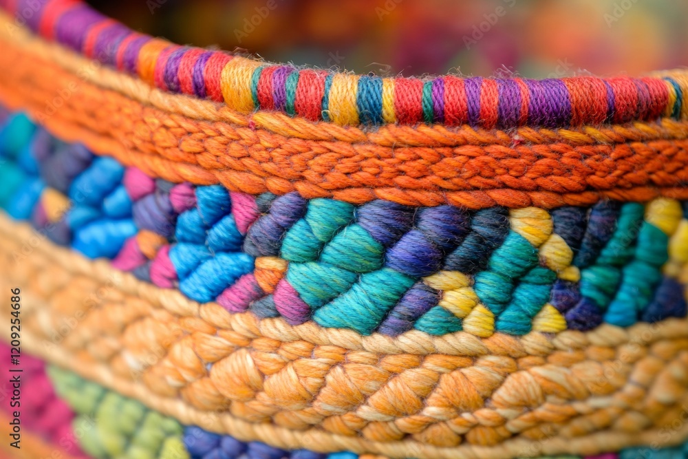 Poster This close-up highlights a beautifully crafted handwoven basket featuring an array of vibrant colors and intricate patterns, demonstrating skilled craftsmanship and artistic design