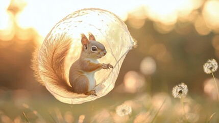 Obraz premium A whimsical sunset scene featuring a fluffy squirrel nestled inside a translucent dandelion seed head, surrounded by a field of blooming dandelions bathed in the golden light of the setting sun.