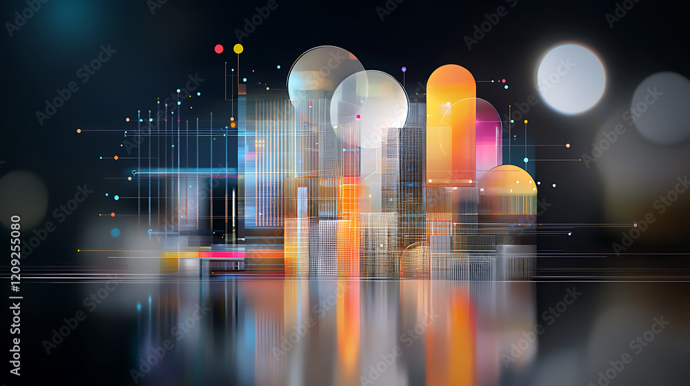 Poster digital cityscape visualization futuristic urban setting abstract art high-tech environment aerial v