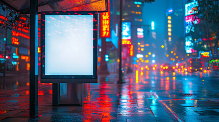 A blank billboard at a modern city bus stop, illuminated by bright LED lights