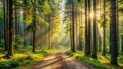 Fototapeta premium Sunbeams Illuminate a Serene Forest Path at Dawn, Casting Long Shadows on the Lush Green Undergrowth and Illuminating the Tall Trees