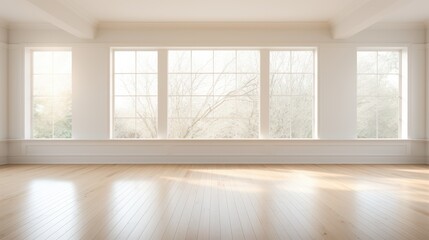 Fototapeta premium A spacious empty room flooded with natural light from large windows, embodying serenity and openness.