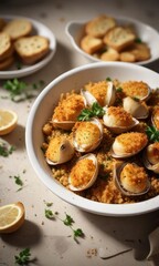 Baked clams in a white ceramic bowl topped with golden brown breadcrumbs and chopped parsley, lemon wedges, appetizer