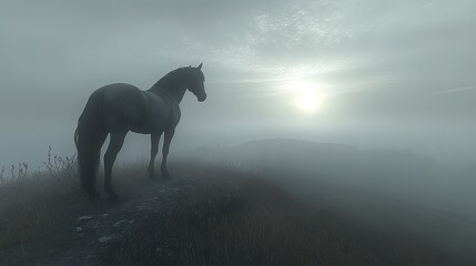 Fototapeta premium A lonely horse standing on a foggy hill, looking towards the distant horizon, its posture heavy with sadness