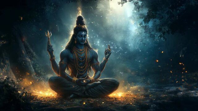 Meditative depiction of lord shiva holding his powerful trident in contemplation