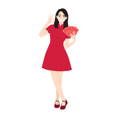 Festive Woman in Red Dress Holding Red Envelopes for Lunar New Year Celebration. Flat vector Character Illustration