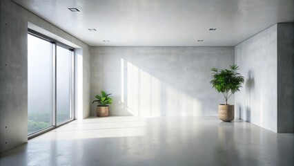 Obraz premium Sunlit Minimalist Interior Design Featuring Potted Plants in a Modern Room with Large Window