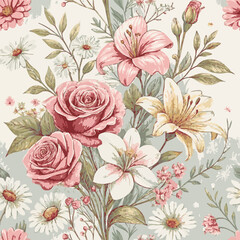 Seamless vintage floral pattern with leaves and decorations 