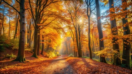 Autumnal Path Sunbeams Illuminate Golden Canopy in a Forest of Tall Trees
