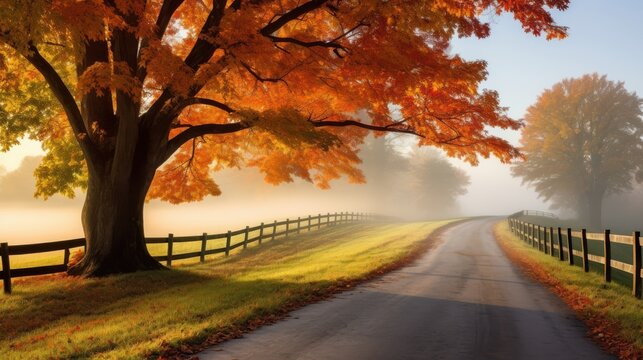 A serene country road curves through vibrant autumn foliage, embraced by misty morning light, evoking a tranquil, picturesque journey.
