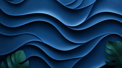 Obraz premium Serene Blue Waves with Tropical Leaves: Abstract Minimalist Background