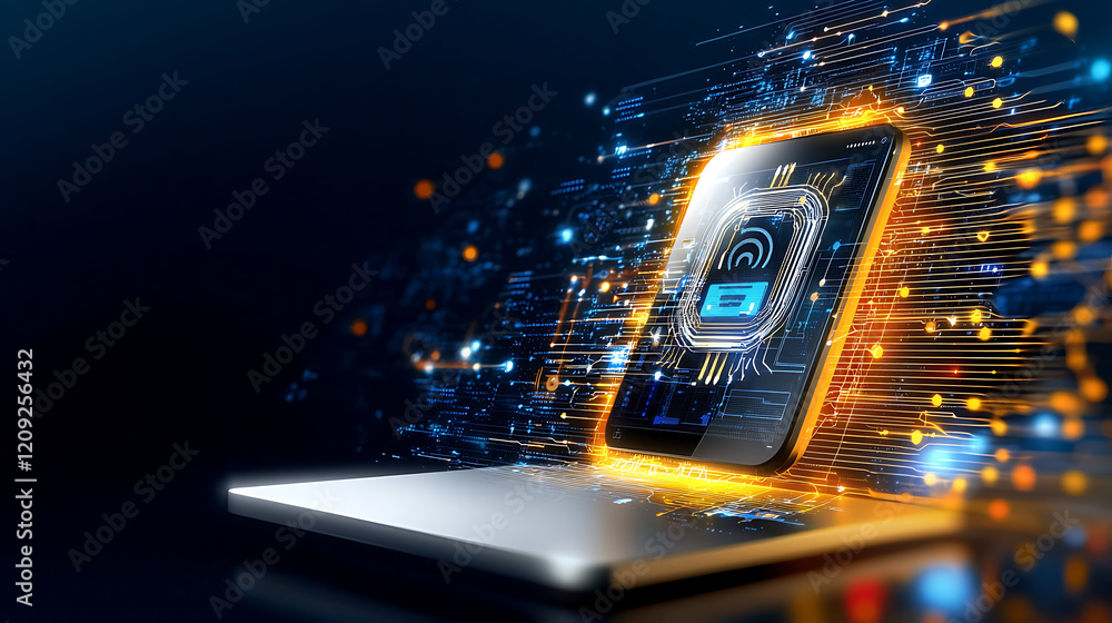 Poster innovative cybersecurity solutions digital workspace graphic design high-tech environment futuristic