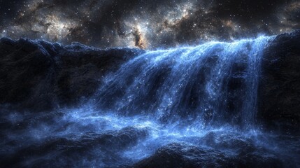 Obraz premium Celestial Waterfall Glowing Blue Water Cascading Over Dark Rocks Against a Starry Nebula Background