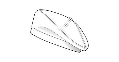 Minimalist Beret Hat Technical Fashion Illustration. Modern Flat-Crown Hat Vector Template. Side View. Streamlined Design. Comfortable Fit. CAD mockup.