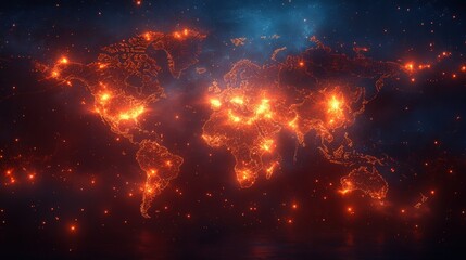 Fototapeta premium Stunning Abstract Visualization of a World Map Highlighting Illuminated Cities Against a Cosmic Background with Fiery Effects and Stars