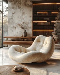 Minimalist lounge chair interior design in modern living room with organic shapes and warm earthy tones