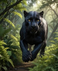Black panther navigating through the dense foliage with sharp claws and agility , trees, thorns