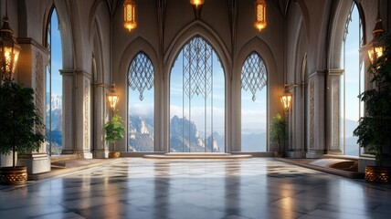 Obraz premium A stunning 3D fantasy medieval throne room showcasing intricate gothic architecture and enchanting details.