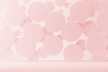 Light pink abstract stage mockup - flying plastic circles on soft light shining background, copy space. Template 3D illustration gentle scene  for presentation cosmetic products, goods, sale, display.