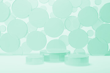 Set of three mint green glass polish round podiums, white abstract stage mockup. Flying circles pattern. Template 3D illustration scene for presentation cosmetic products, goods, advertising, design.