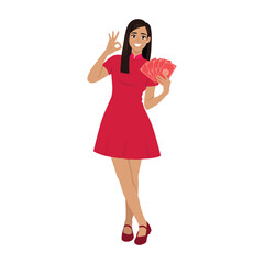 Woman in Red Dress Holding Red Envelopes for Lunar New Year Celebration. Flat vector Character Illustration