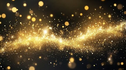 Fototapeta premium Golden glitter dust bursting into radiant trails and floating gently against a dark black background. The dazzling sparkles exude elegance,