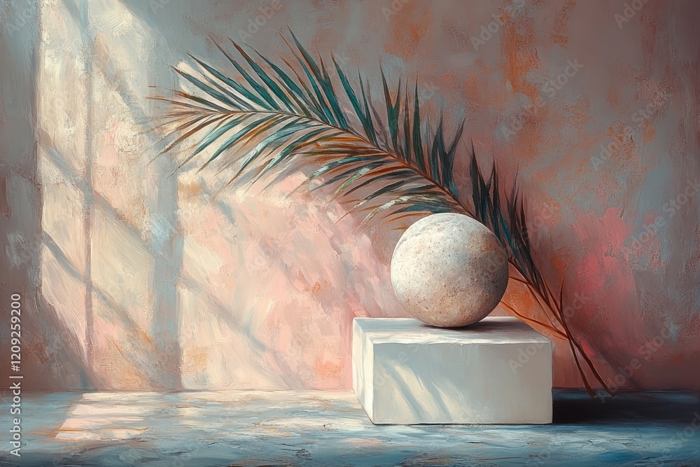 Poster abstract nature display with stone and palm frond on angular pedestal