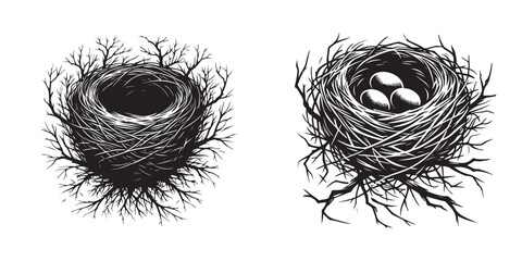 Obraz premium Set of black silhouette birds nest and eggs