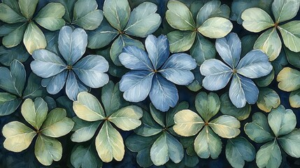 Watercolor painting of blue and green four-leaf clover pattern.