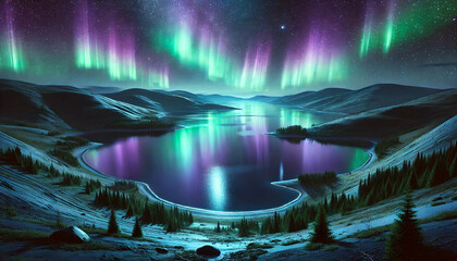 湖に映りこむオーロラ