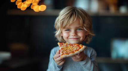 Little kid boy holding a slice of pizza on blurred background