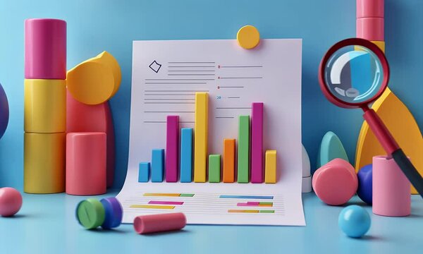 Colorful 3D chart analysis, data report, business growth, blue background. Use financial report illustration