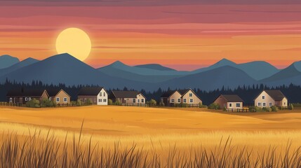 Fototapeta premium Serene Sunset Over Rural Village Nestled in Mountain Valley