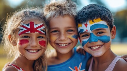 Kids with Aussie flag face paint smiling together
