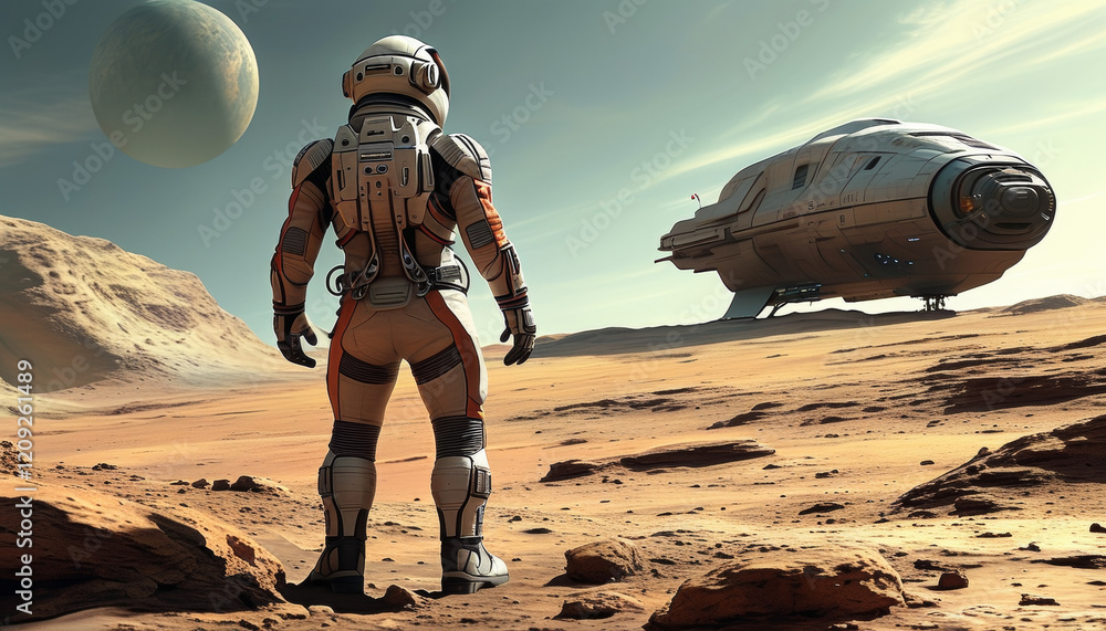 Wall mural exploration of a distant planet in a stunning 3d animation showcasing a futuristic astronaut encount