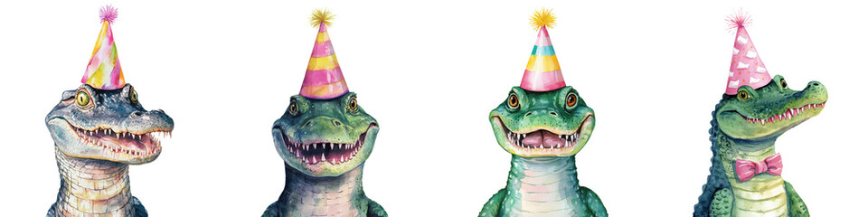 Fototapeta premium Festive Alligator Celebrates with Colorful Party Hats Playful Reptile Wearing Decorated Costume for Birthday or Holiday Party