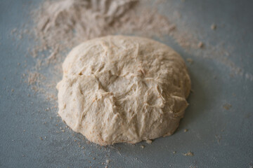 Rye flour dough for bread on the table
