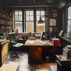 A sunlit vintage office interior with bookshelves and a wooden desk