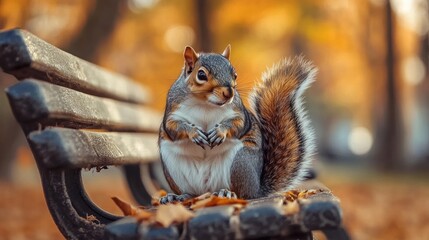 Obraz premium A Squirrel Posing on a Bench in Autumn