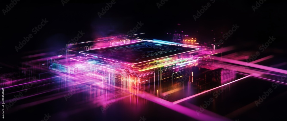 Poster digital circuit board illuminated with vibrant colors and neon lights in a futuristic setting