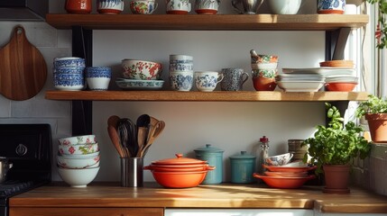 Kitchen Shelf with Assorted Dishes and Pots