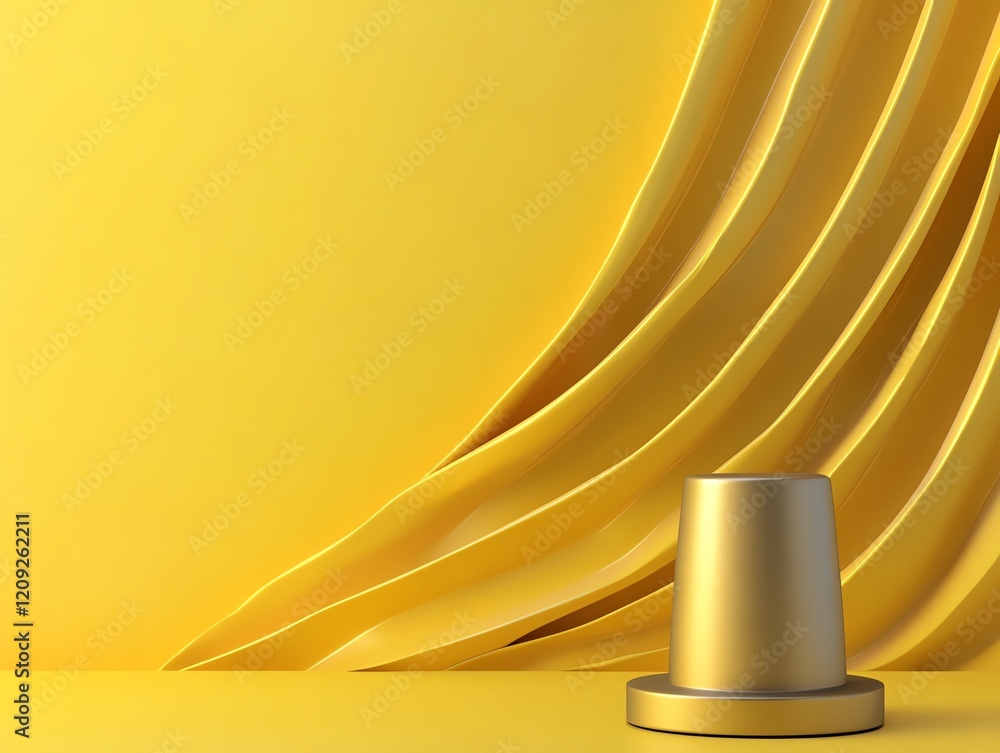 Poster golden cylinder on a vibrant yellow background with flowing drapery creating a striking visual compo